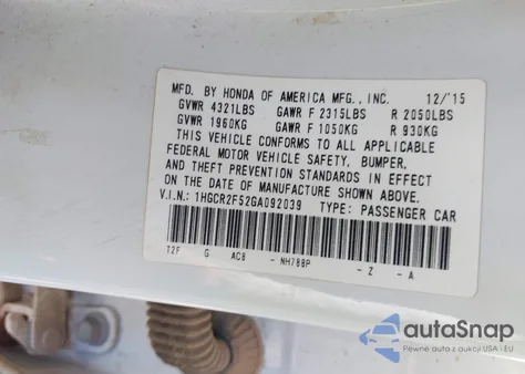 2016 Honda Accord Sport from USA, damaged, VIN 1HGCR2F52GA092039